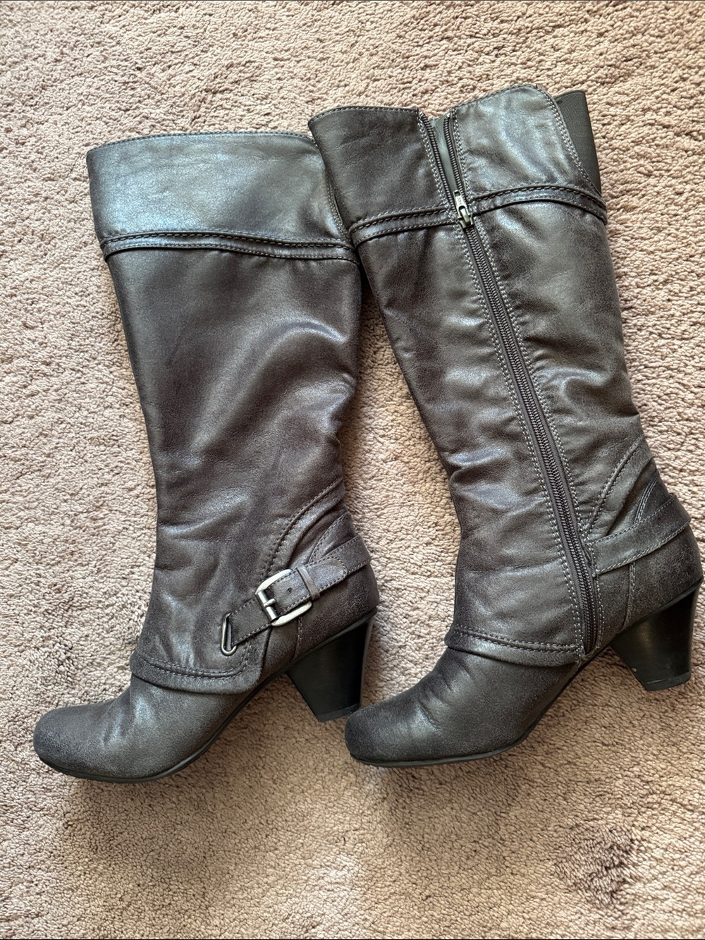 BareTraps Dark Grey Mid-Calf Buckle Heeled Boots. Size 8